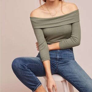 Anthropologie Saturday Sunday Olive Green Ribbed Off Shoulder Top